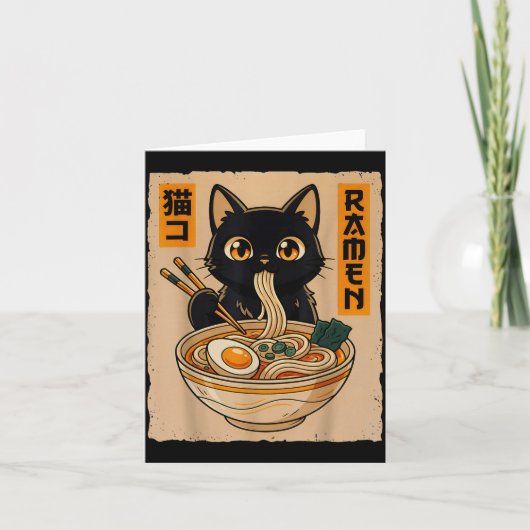 Retro Anime Kawaii Schwarze Katze isst Ramen-Nudel Karte (Vorderseite)