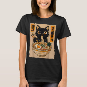 Retro Anime Kawaii Schwarze Katze isst Ramen-Nudel T-Shirt
