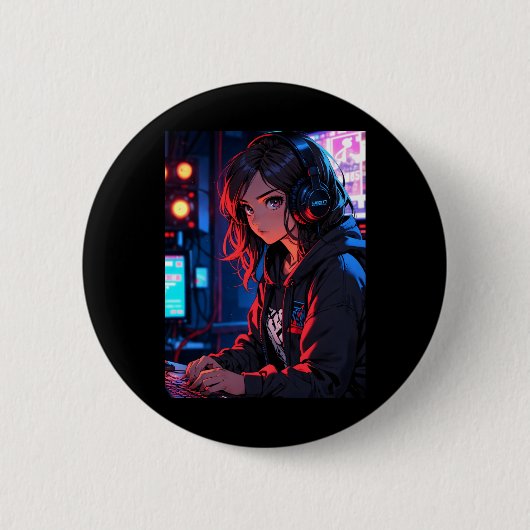 Retro Anime Mädchen Gamer Cyberpunk Streaming Setu Button (Vorderseite)