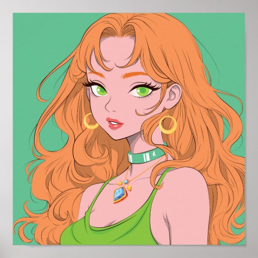 Retro-Anime-Mädchen mit ingwerfarbenem Haar und gr Poster (Vorne)