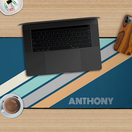 Retro Aqua Aquamarin Blau Gelb Schwarze Streifen A Schreibtischunterlage