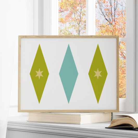 Retro Aqua Blue Green Yellow Stars Diamonds Poster