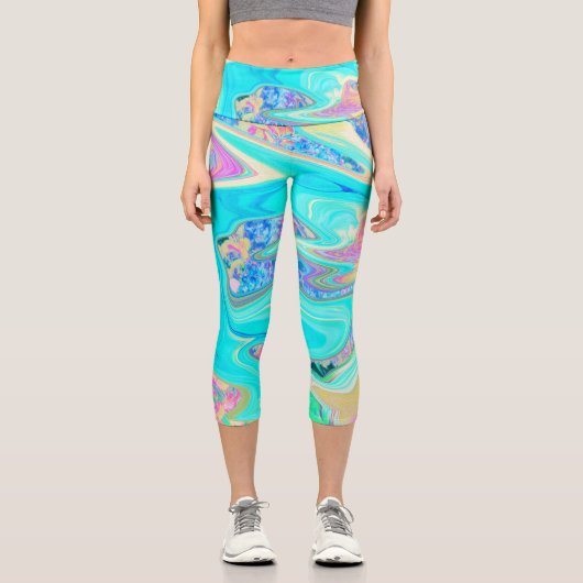 Retro Aqua Blue Liquid Art on Abstrakt Hydrangeas Capri Leggings (Vorderseite)