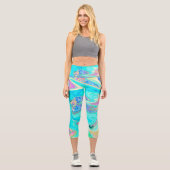 Retro Aqua Blue Liquid Art on Abstrakt Hydrangeas Capri Leggings (Vorderseite)