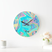 Retro Aqua Blue Liquid Art on Abstrakt Hydrangeas Große Wanduhr (Zuhause)