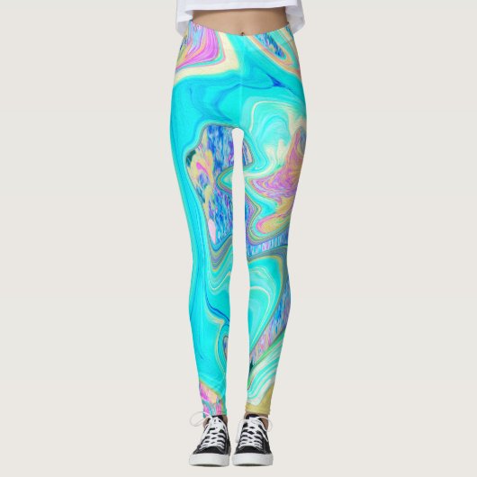 Retro Aqua Blue Liquid Art on Abstrakt Hydrangeas Leggings (Vorderseite)