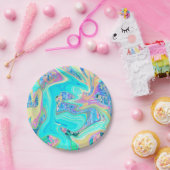 Retro Aqua Blue Liquid Art on Abstrakt Hydrangeas Pappteller (Party)