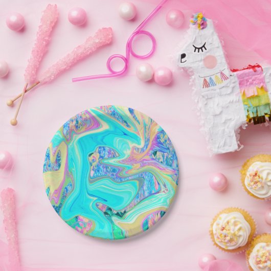 Retro Aqua Blue Liquid Art on Abstrakt Hydrangeas Pappteller (Party)