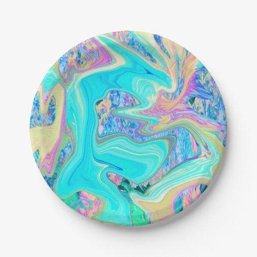 Retro Aqua Blue Liquid Art on Abstrakt Hydrangeas Pappteller (Vorderseite)