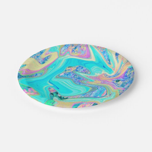 Retro Aqua Blue Liquid Art on Abstrakt Hydrangeas Pappteller (Schrägansicht)