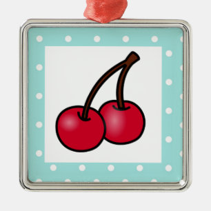 Retro Aqua Dots Cherries Ornament Aus Metall