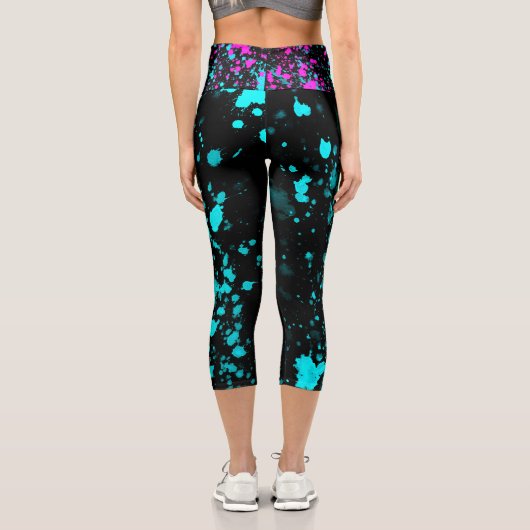 Retro Aqua Hot Pink Splatzierte Farbe Capri Leggings (Rückseite)