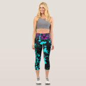 Retro Aqua Hot Pink Splatzierte Farbe Capri Leggings (Vorderseite)