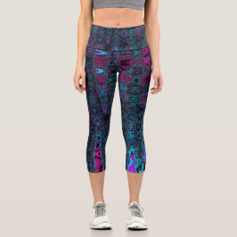 Retro Aqua Magenta und Abstrakte Schwarze Waves Capri Leggings