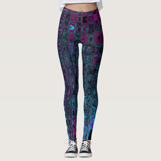 Retro Aqua Magenta und Abstrakte Schwarze Waves Leggings (Vorderseite)