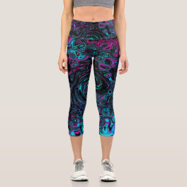 Retro Aqua Magenta und Abstrakter Schwarzer Swirl Capri Leggings