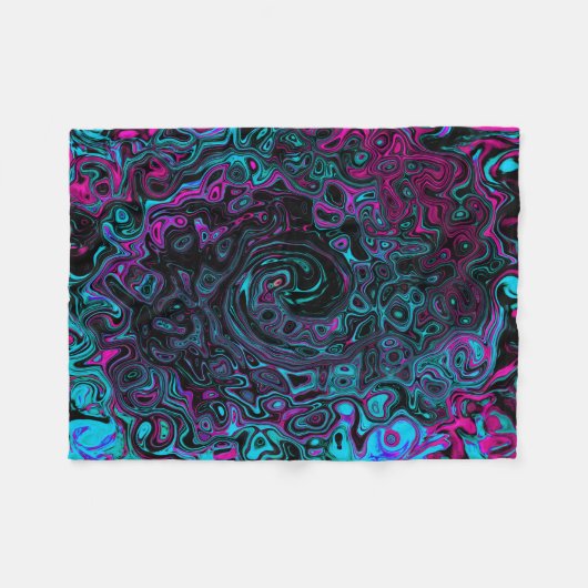 Retro Aqua Magenta und Abstrakter Schwarzer Swirl Fleecedecke (Vorderseite (Horizontal))