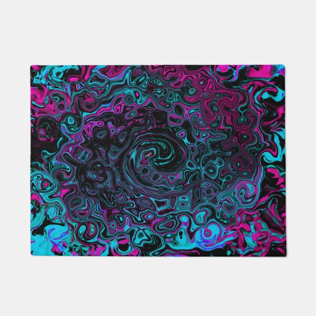 Retro Aqua Magenta und Abstrakter Schwarzer Swirl Fußmatte (Vorderseite)