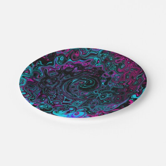 Retro Aqua Magenta und Abstrakter Schwarzer Swirl Pappteller (Schrägansicht)