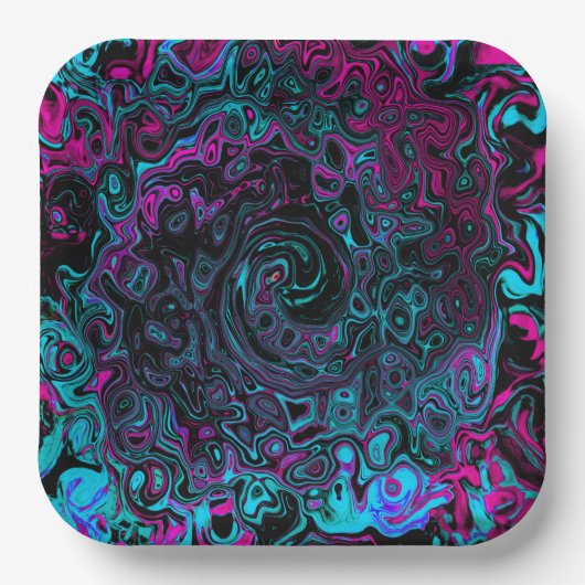 Retro Aqua Magenta und Abstrakter Schwarzer Swirl Pappteller (Vorderseite)