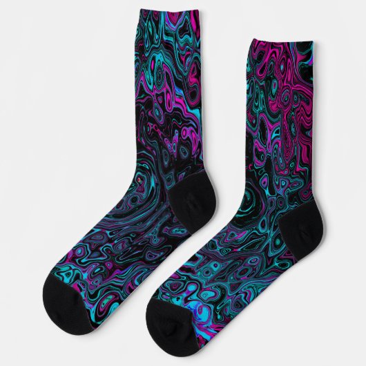 Retro Aqua Magenta und Abstrakter Schwarzer Swirl Socken (Linkes Detail)