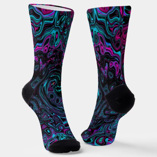 Retro Aqua Magenta und Abstrakter Schwarzer Swirl Socken (Gewinkelt)