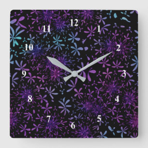 Retro Aqua Purple Floral Blossoms Quadratische Wanduhr