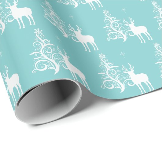 Retro-Aqua-Reh und stilisiertes Baumumhüllungspapi Geschenkpapier (Rolleneckpunkt)