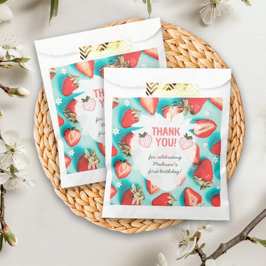 Retro Aquamarin Floral Strawberry Berry 1. Geburts Geschenktütchen