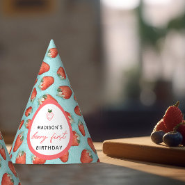 Retro Aquamarin Floral Strawberry Berry Erster Geb Partyhütchen