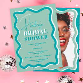 Retro aquamarine blaue Kurve quiggile wavy Brautpa Einladung