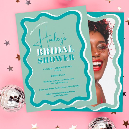 Retro aquamarine blaue Kurve quiggile wavy Brautpa Einladung