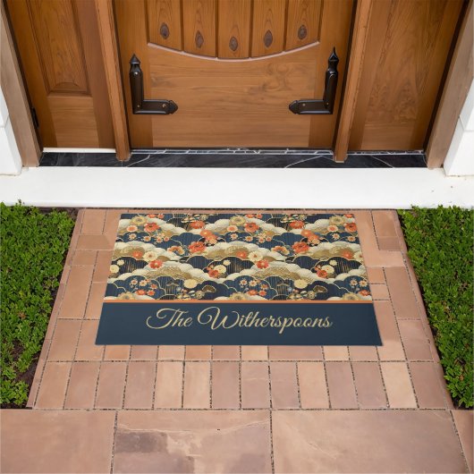 Retro Aquamarine Blumen und Wolken im japanischen Fußmatte (Außenbereich)