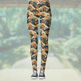 Retro Aquamarine Blumen und Wolken im japanischen Leggings