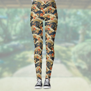 Retro Aquamarine Blumen und Wolken im japanischen  Leggings