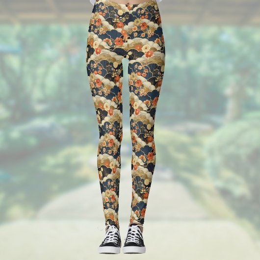 Retro Aquamarine Blumen und Wolken im japanischen  Leggings