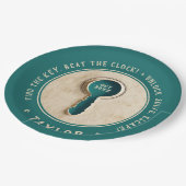 Retro Aquamarine Escape Room Schlüssel Lösung Scha Pappteller (Schrägansicht)