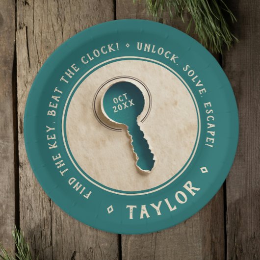 Retro Aquamarine Escape Room Schlüssel Lösung Scha Pappteller