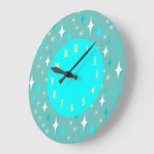 Retro Aquamarine Weißsterne Gelbe Zahlen Große Wanduhr (Winkel)