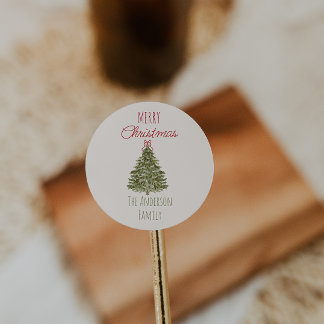 Retro-Aquarell Grün Rote Weihnachtsbaum Vintage Runder Aufkleber