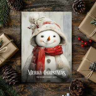 Retro-Aquarell-rot-weiße-Weihnachts-Schneemann-Kar Feiertagskarte