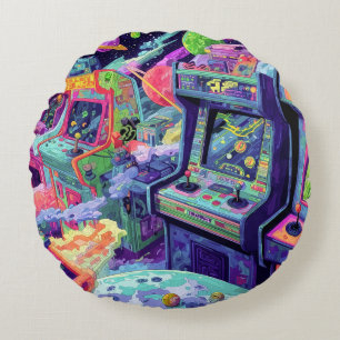 Retro-Arcade-Automaten im Weltraum Rundes Kissen