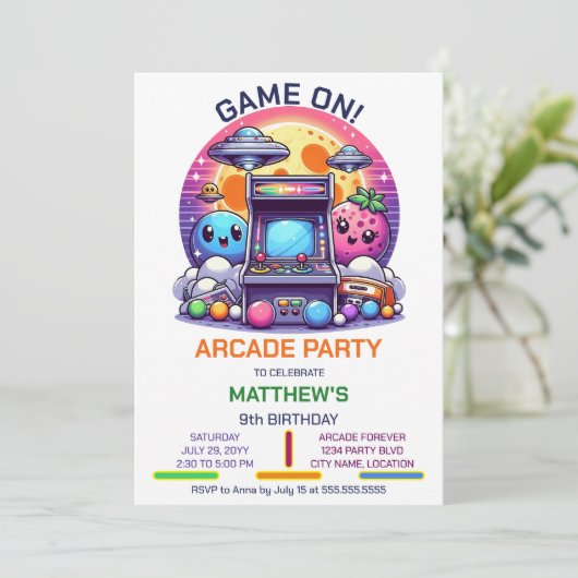 Retro Arcade Birthday Party Einladung (Stehend Vorderseite)