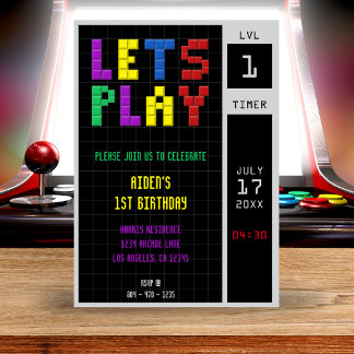Retro Arcade Game Kids 1. Geburtstag Party Einladung