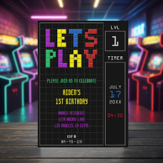 Retro Arcade Game Kids 1. Geburtstag Party Einladung