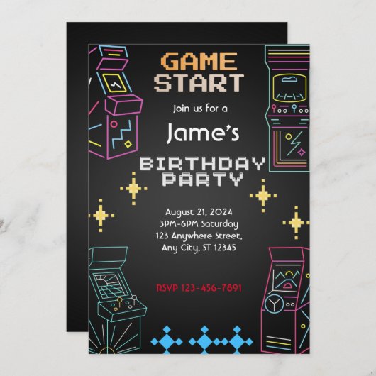 Retro Arcade Games Party Geburtstag Einladung (Vorne/Hinten)