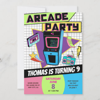 Retro-Arcade-Geburtstags-Party für Gamer-Jungen un Einladung