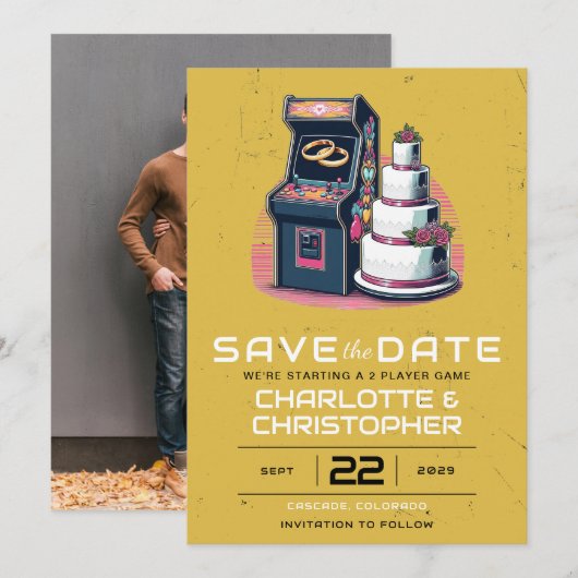 Retro-Arcade-Hochzeit Save The Date (Vorne/Hinten)