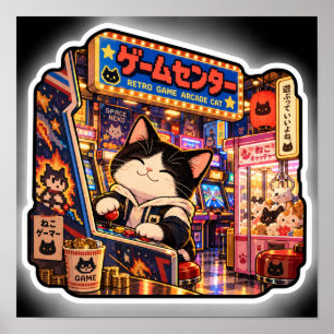 Retro-Arcade-Katze Farbige japanische Gaming-Nacht Poster