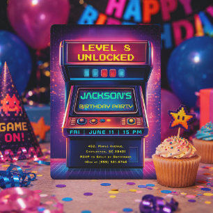 Retro-Arcade-Level-Up-Geburtstags-Einladung Folieneinladung